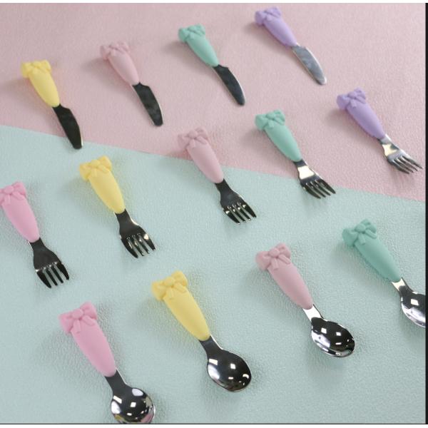 Bow Know Нержавеющая сталь Детская ложка С силиконовой ручкой Вилка Нож Набор для кормления