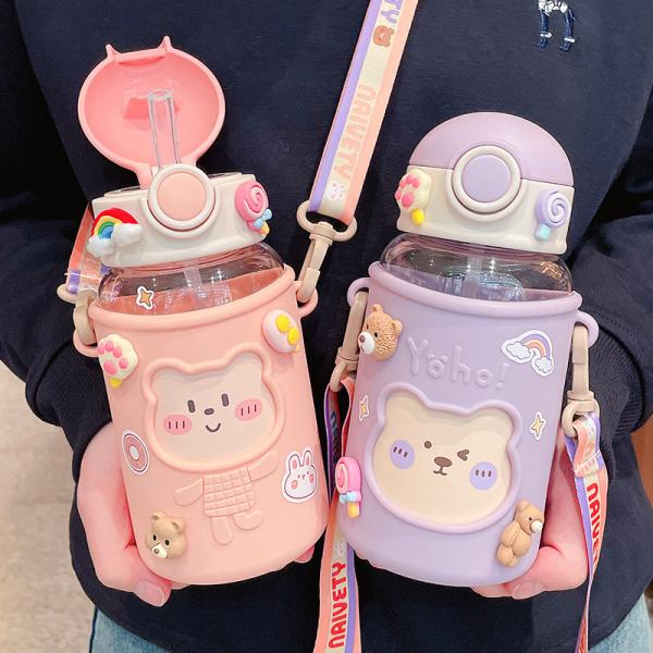 620ml Portable 3D Sticker Plastic Water Bottle Cute Bear Design for Kids and Students