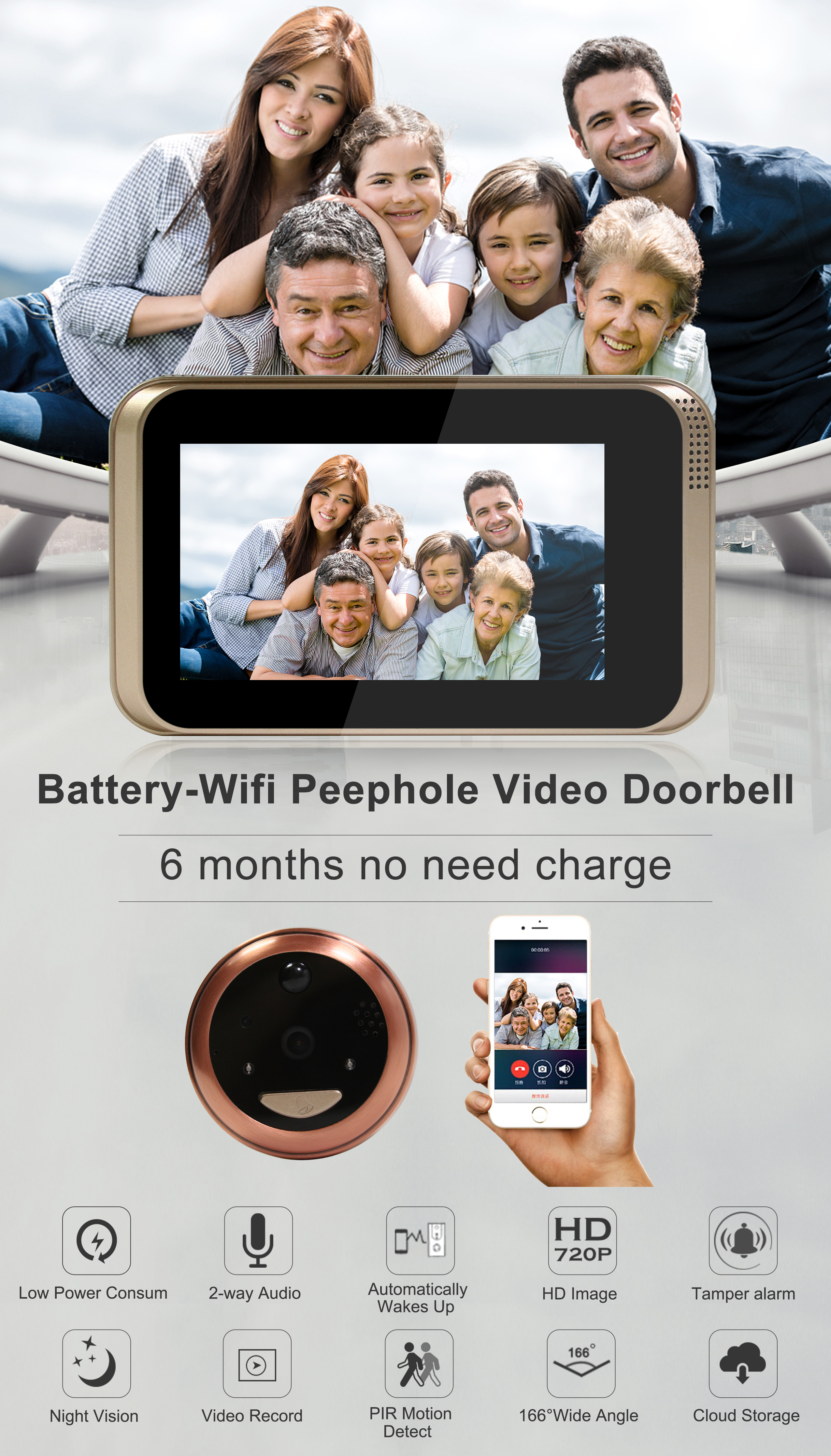 Дверного звонока безопасностью Peephole Wifi степеней беспроводного погодостойкая 160 широкоформатных
