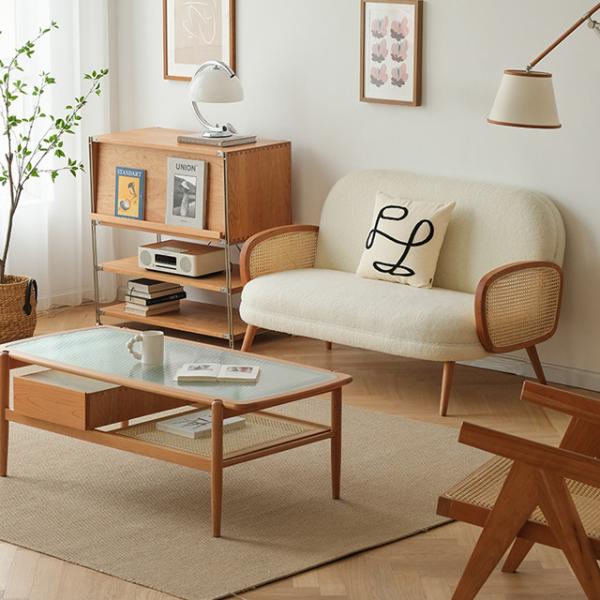 Solid Wood Rattan Modern Fabric Sofa Set Cloth Single Leisure Chair