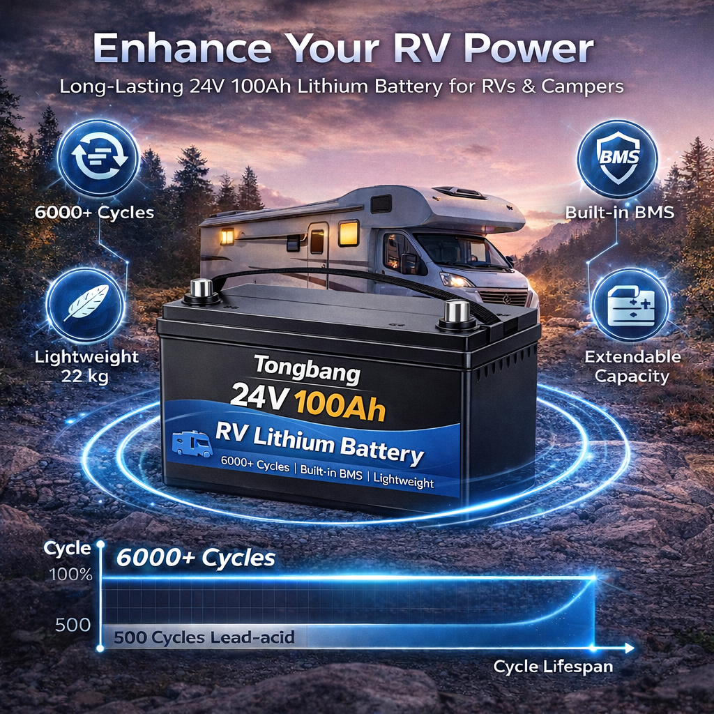 24V 100Ah LiFePO4 RV Battery Deep Cycle Lithium Iron Phosphate Battery With Built-in 100A BMS