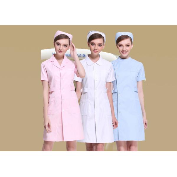 Short Sleeve White / Pink Nurse Uniform Dress With Long Style Coat