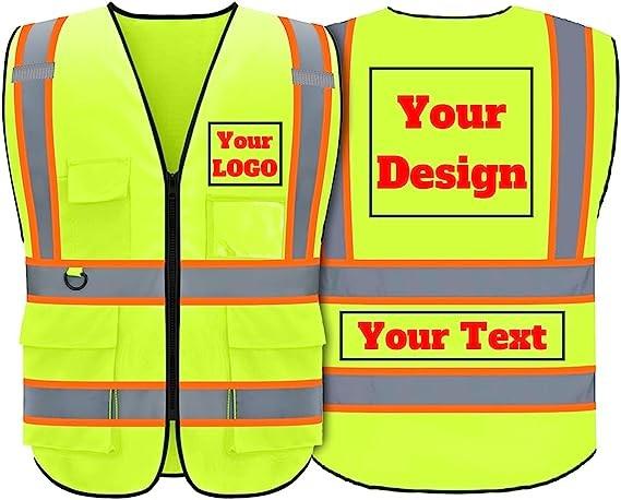 Custom Safety Vest with Logo,Custom Your Logo in High Visibility Reflective Vest Work Wear with Zipper & 5 Pocket