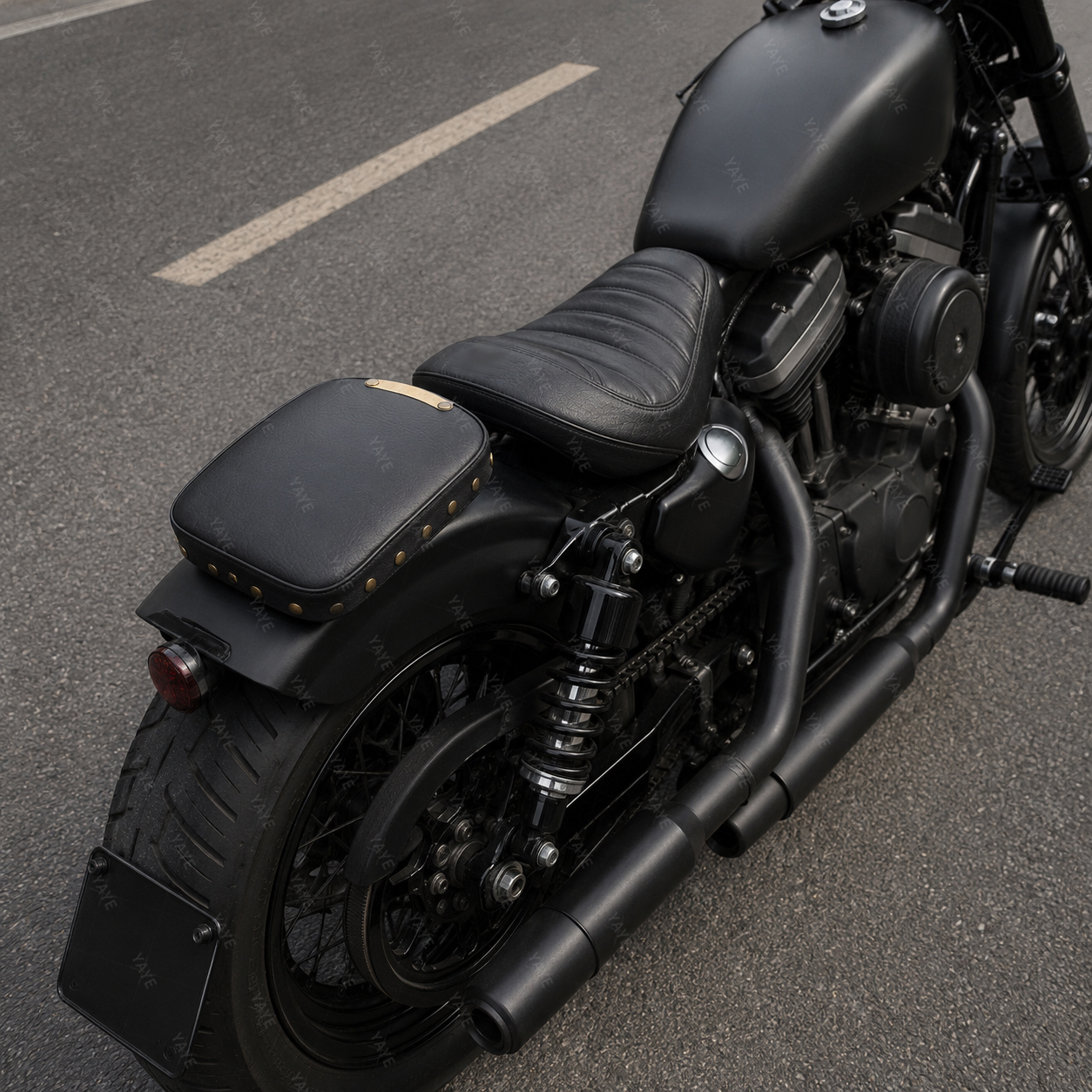 Motorcycle seat, black and brown vintage studded rear seat cushion, rear passenger cushion seat, 8 suction cups, for Harley Sportster Dyna Custom Chopper.
