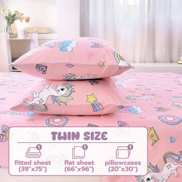 Kids Pink Unicorn Sheet Set With Deep Pockets, Breathable, Wrinkle-Free Bed Sheet Set