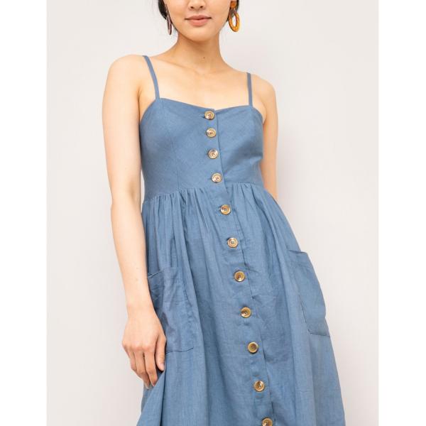 Summer chambray midi linen dress with a fit & flare silhouette and a button up front