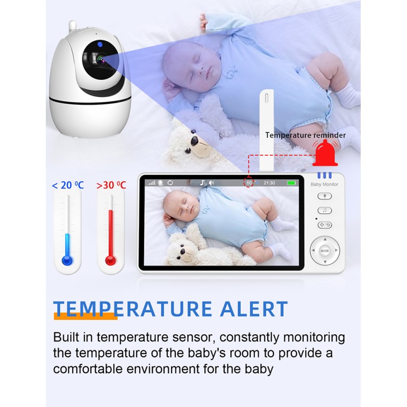 Smart Video Baby Pet Monitor PTZ Camera 5.0 Inch Screen 300M Talking Range Sleep IR Night Vision Two-Way Audio Music Talk-Back