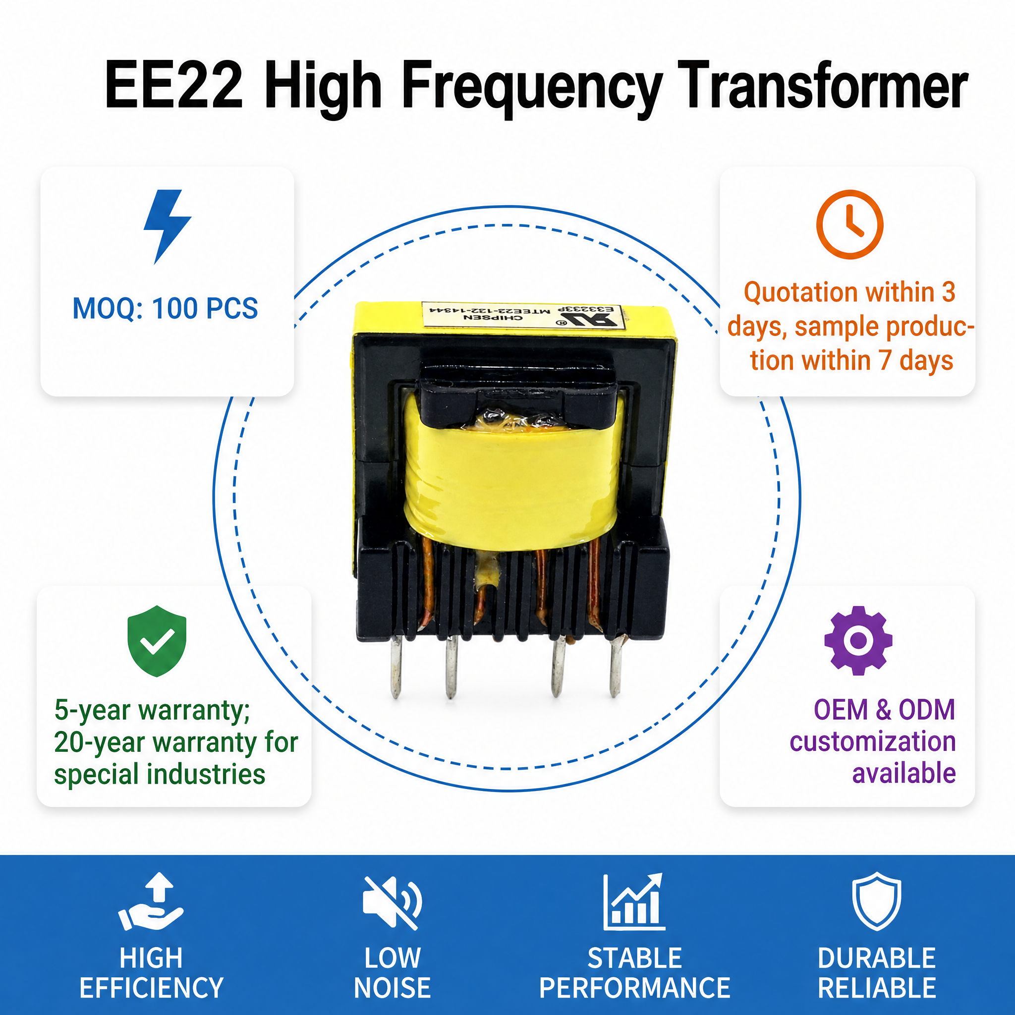High Efficiency Low Loss EE22 High Frequency Flyback Transformer U/L E332338 Certified