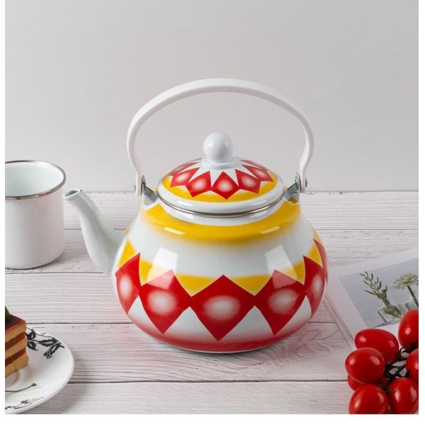 Customized Logo Enamelled Kettle Teapot Coffee Pot With Red Blue Yellow Geometric Pattern