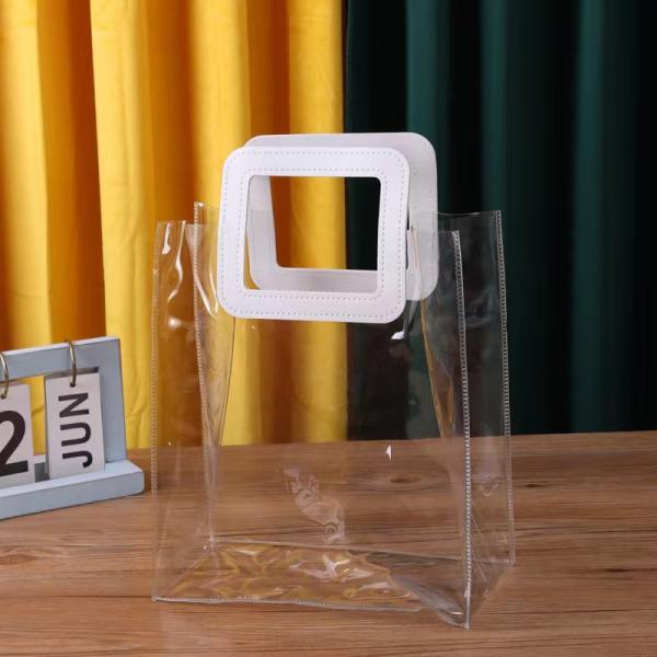 Leather Handle Reusable Handbag Transparent PVC Plastic Gift Wrap Tote Bag for BEACH BAG