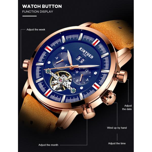 KINYUED J019-3  Private Label Gold Case Genuine Leather Auto Date Skeleton Tourbillon Automatic Mechanical Wristwatches