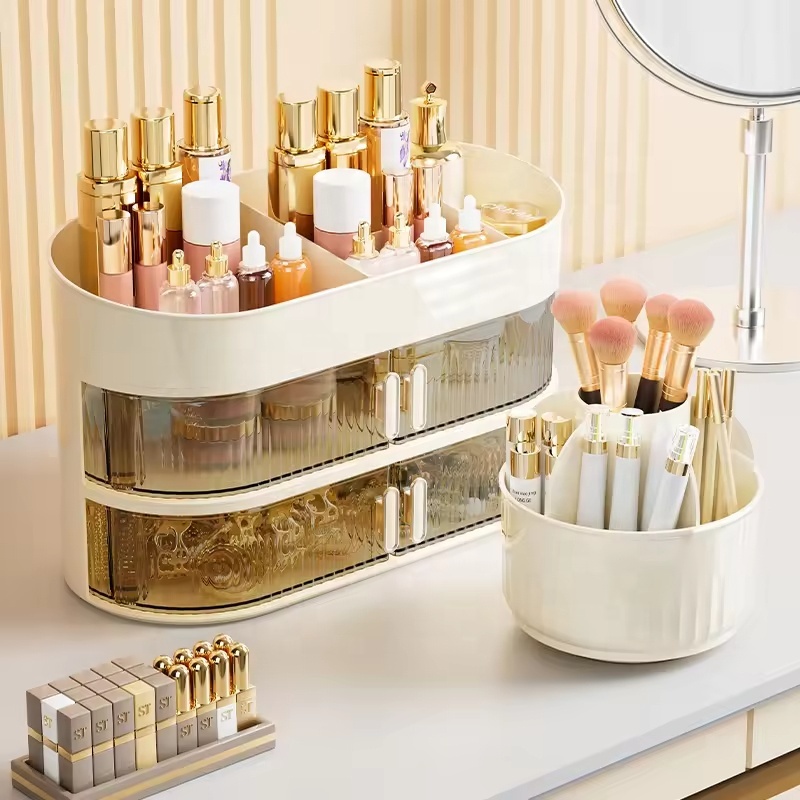 360 Degree Rotating Dustproof Acrylic Makeup Storage Boxes with Makeup Brush Holder
