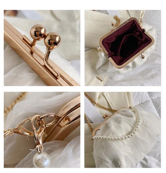 2024 NEW RETRO FAIRY SOLID COLOR SMALL BAG WHITE HAND PEARL BAG WOMEN'S NET YARN INS SIMPLE CROSSBODY BAG