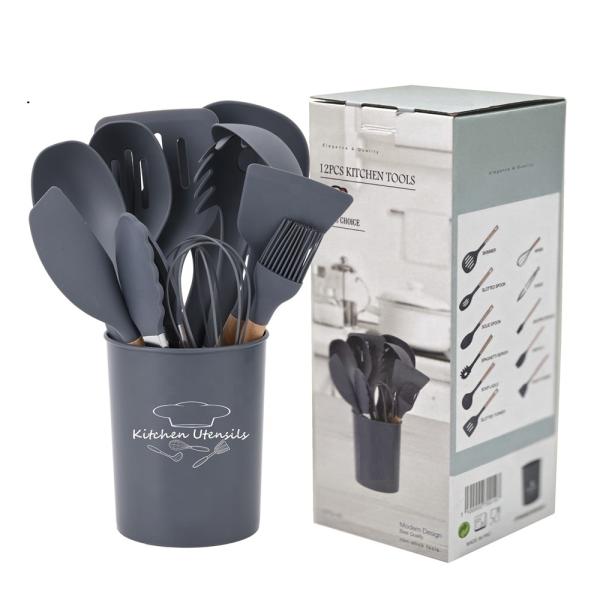 Silk Printing or Debossed Logo 12PCS Silicone Kitchen Utensils Set with Plastic Holder