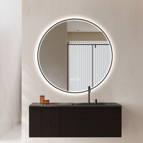 Luxury Circular Commercial Mirrors , Round Black Framed LED Bathroom Mirror