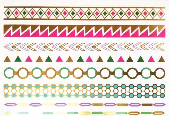 Colorfull foil metallic temporary tattoo. Gold, rose gold, silver, black, turquoise.