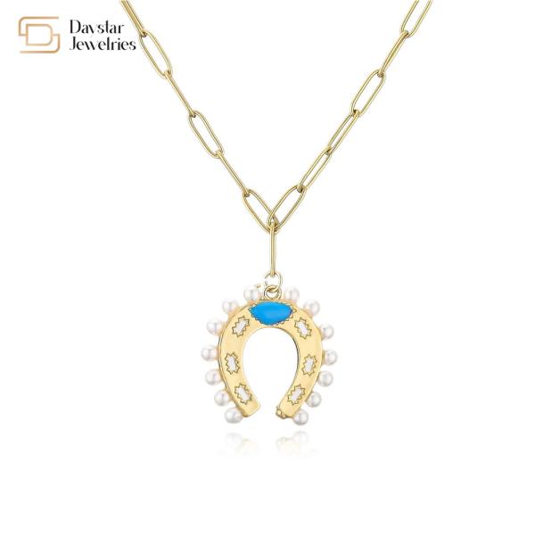 Ожерелье цепи Paperclip нержавеющей стали подковы эмали жемчуга привесное для женщин