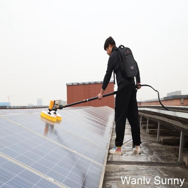 Water Powered Solar Panel Cleaning Brush with Dual Rotating Heads and Lithium Battery