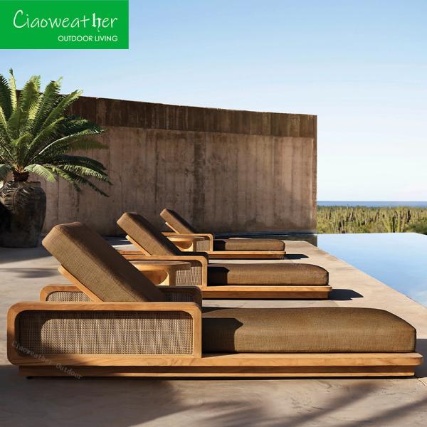 Hotel Function Patio Garden Outdoor Furniture Weathered Solid Wood Daybed Lounge Chaise with Waterproof Cushions