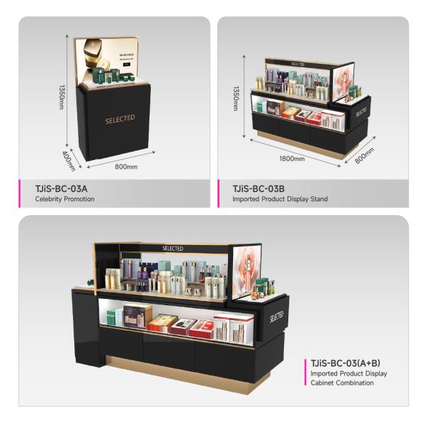 Cosmetic Display Rack Island Cabinet with One Side Board And One Side Pendant for Makeup Store Decoration