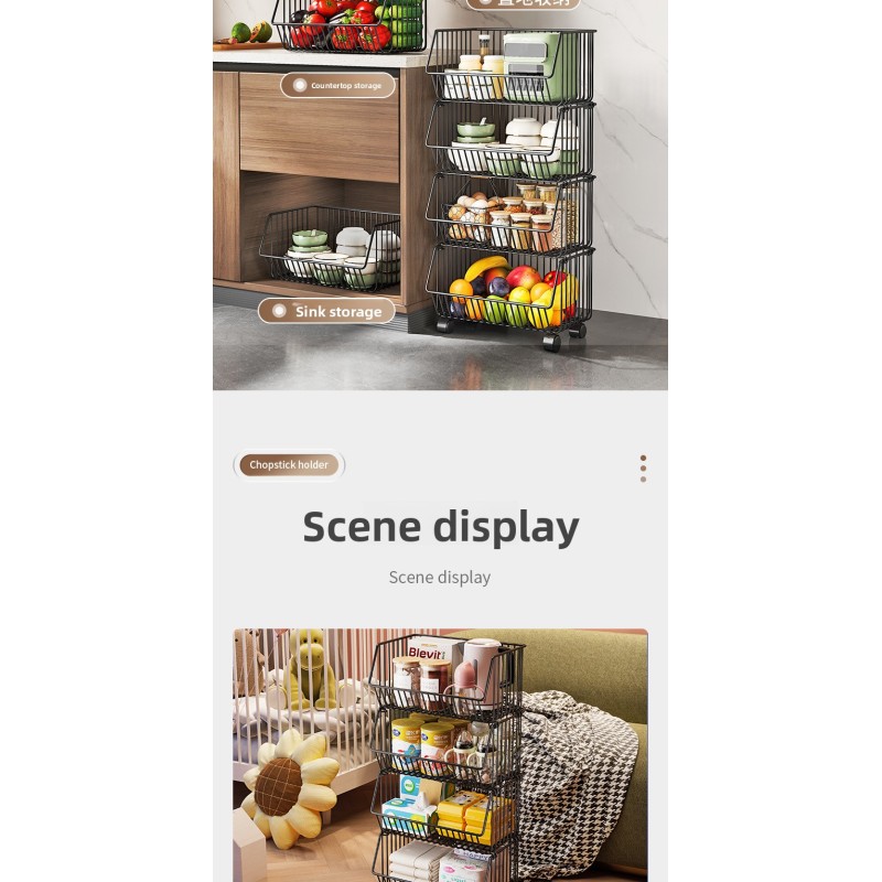 Custom Kitchen Storage Rack Organizer Shelf Metal Basket Kitchen Storage Cart with Wheels
