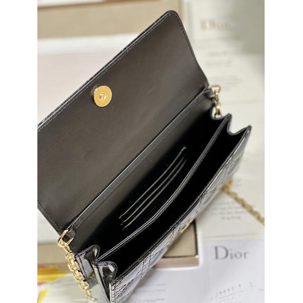 Branded Lady Dior Patent Clutch Small Pearl Black Flip Closure