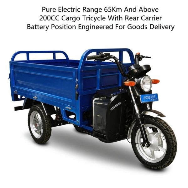 Pure Electric Range 65Km And Above 200CC Cargo Tricycle With Rear Carrier Battery Position Engineered For Goods Delivery