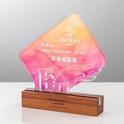 Custom UV Printing Acrylic Award With Wood Base , Cast Plexiglass Plaques OEM
