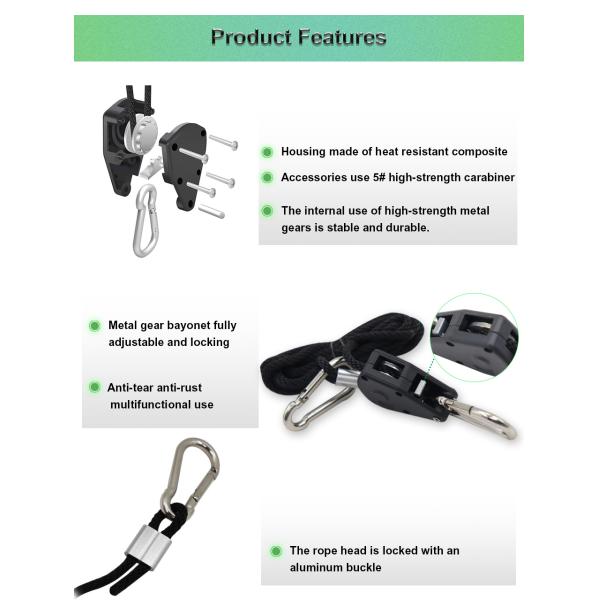 Black Adjustable Grow Light Metal Rope Ratchet Pulley For Greenhouse Indoor Plant