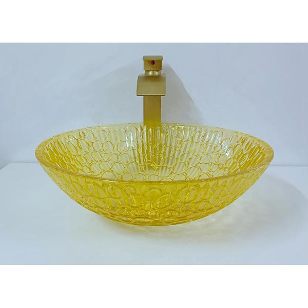 Round Lacquered Crystal Wash Basins Low Profile Glass 12mm Modern Gold Yellow