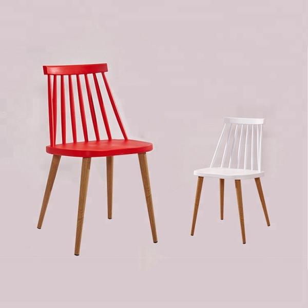 High Back Plastic Dining Chairs Arc Design With Wood Print Transfer Iron Legs