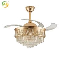 Luxo Golden 42 'LED controle remoto Cristal E Metal Fancy Lâmpada Pendente Casa Moderna Cristal Ventilador de Tecto Com Luz