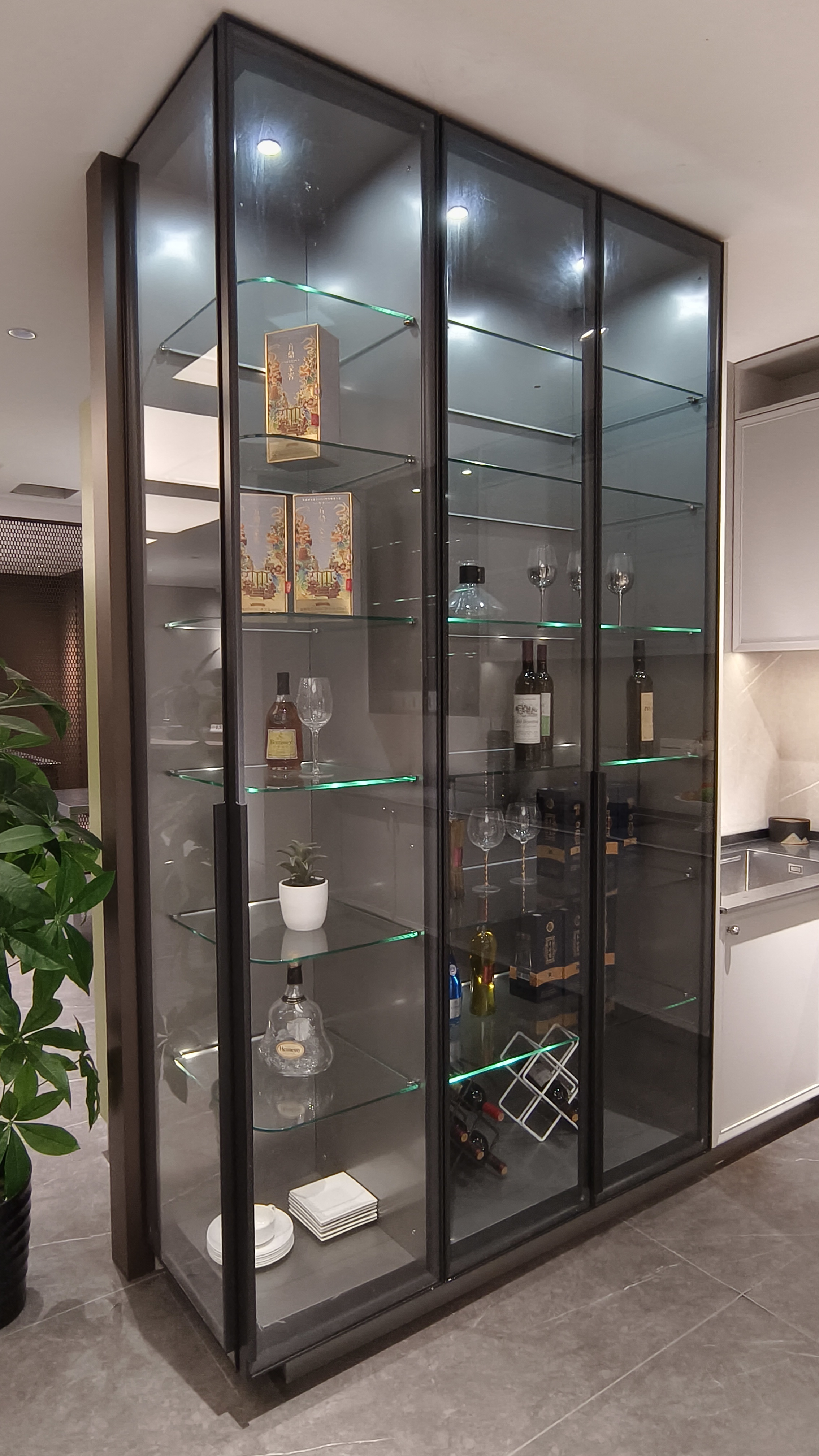 Glass Door Stainless Steel Wine Storage Cabinet Mold Free With LED Strip Lighting