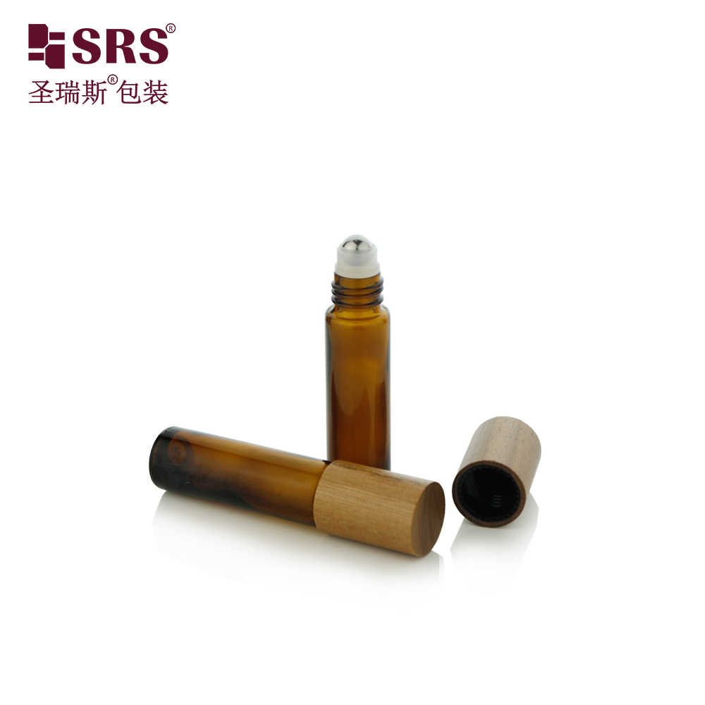 BLPM-10ML Amber Frosted Glass Roller Steel Ball Essential Oil Bottle With Wooden Cap
