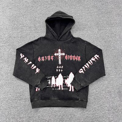 OEM / ODM Custom Screen Printing No String Pullover Hoodie Acid Washed Vintage Drop Shoulder French Terry Streetwear Hoodies Men
