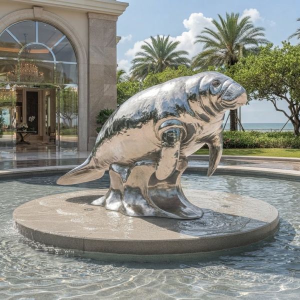 Life Size Outdoor Stainless Steel Manatee Sculpture Mirror Polished Ocean Animal Statue for Plaza Park Seaside Decoration Art