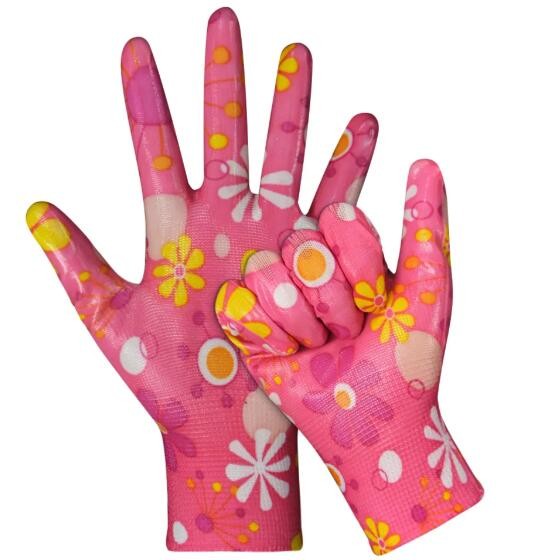 13G Flower Floral Printed PU Dipped Gloves For Woman Workers Garden Working