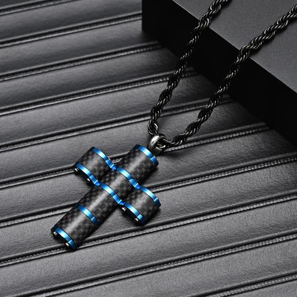 Christian Religious Custom LOGO Pendant Stainless Steel Gold Plated Cross Necklace with Carbon Fiber Inlay and Blue Plating