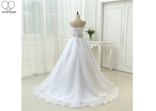 Pleating Chiffon Pure White Wedding Dress / Strapless Ball Gown Beading Belt