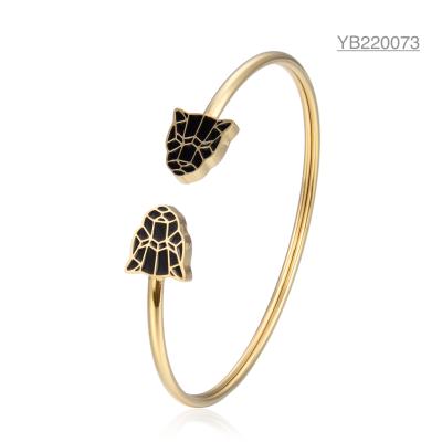 18k Gold Stainless Steel Open Bangle Bracelet Black Leopard Enamel Bangles