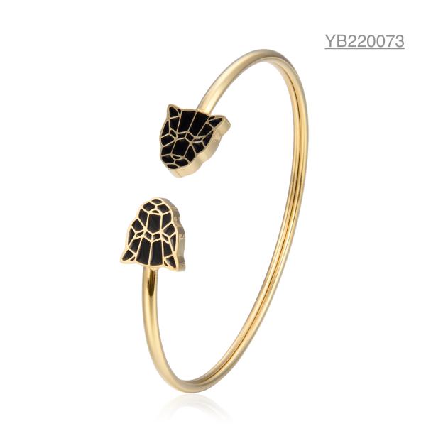 18k Gold Stainless Steel Open Bangle Bracelet Black Leopard Enamel Bangles