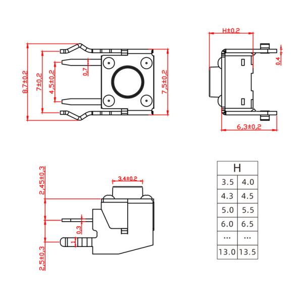 Side Push Type 6x6 Right Angle Tact Switch With Metal Bracket