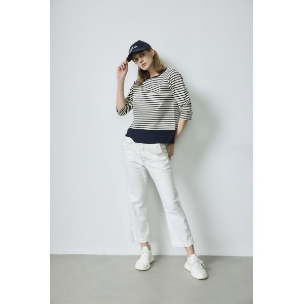 Breathable Cotton Blend Navy Cream Nautical Stripe Relaxed Fit Top
