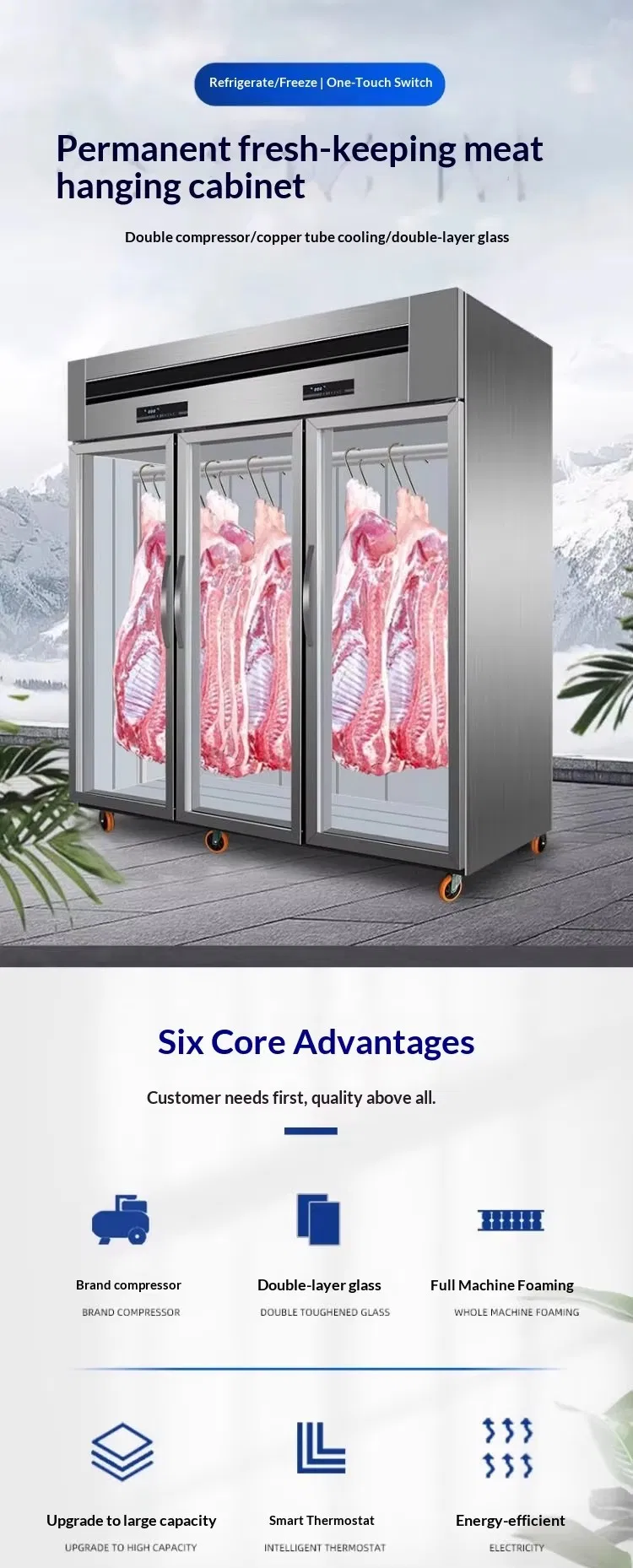 Double Temperature Meat Display Cooler 2100L Fresh Meat Display Chiller 650W