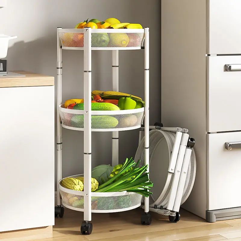 Black and White Floor-standing Round Storage Rack 3-layer Fruit Vegetable Basket Snack with No Installation Required
