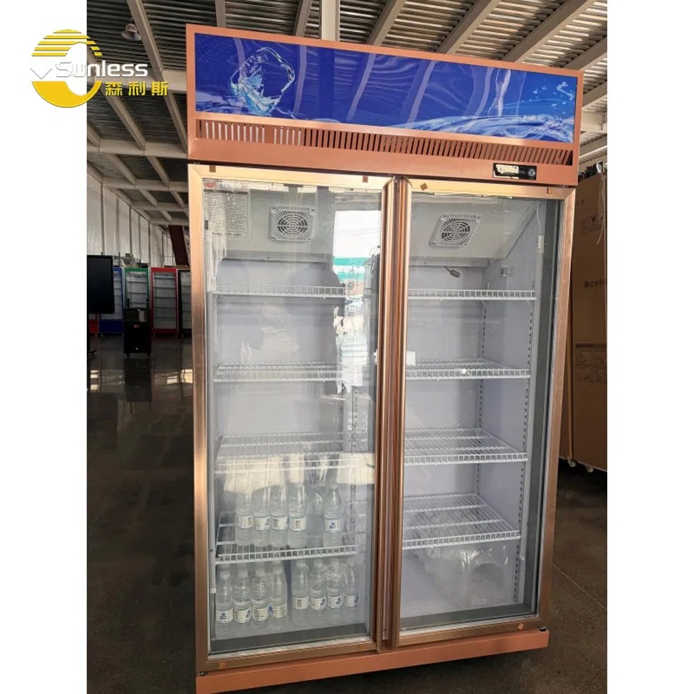 Lockable Double Door Display Refrigerator Supermarket Upright Beverage Fridge 900L