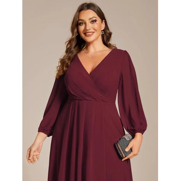 Elegant Empire Long Sleeve V-neck High Low A-line Ruffled Midi Burgundy Chiffon Wedding Guest Cocktail Dress