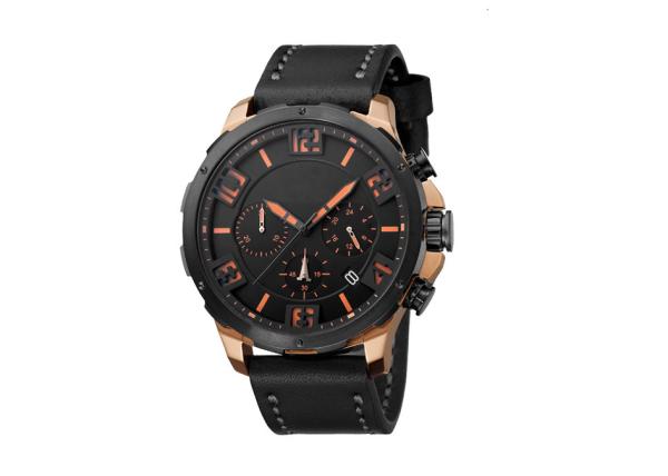 Waterproof Chronograph Wrist Watch Genuine Leather Strap Stainless Steel Screw Crown