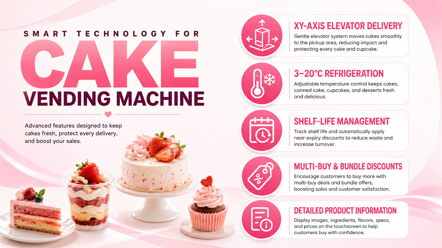Cake Vending Machine with XY Axis Elevator for 24/7 Canned Cake and Cupcake Sales