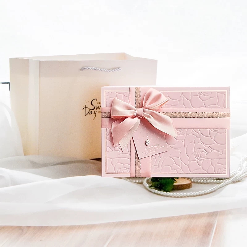Luxury Embossed Rose Rigid Gift Box With Satin Ribbon And Lift-Off Lid